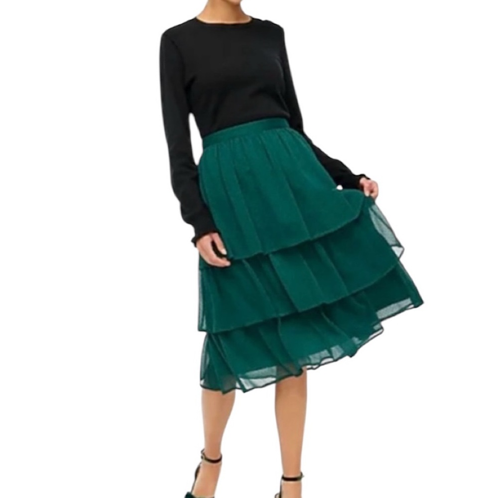 NWT J. Crew Women’s Tiered Midi Skirt Green Black Polka Dot Ruffle Size M
